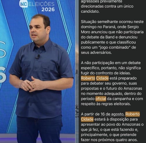 Sem palavra: Roberto Cidade descumpre própria nota oficial que serviu de justificativa para ausência no Debate da Band